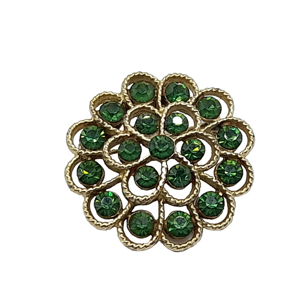 Vintage Small Green Rhinestone Flower Brooch, 1950s, Gold Tone, 1 1/4" - Picture 2 of 9